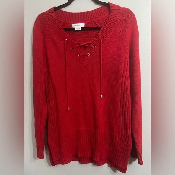 Liz Claiborne Sweaters - Liz Claiborne Women’s Medium Y2K Lace Up V-Neck Cable Knit Sweater